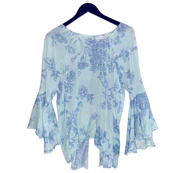 Lauren Conrad Floral Flutter Sleeve Top SeaFoam Green Women’s XL Split Back Boho - Picture 8 of 15
